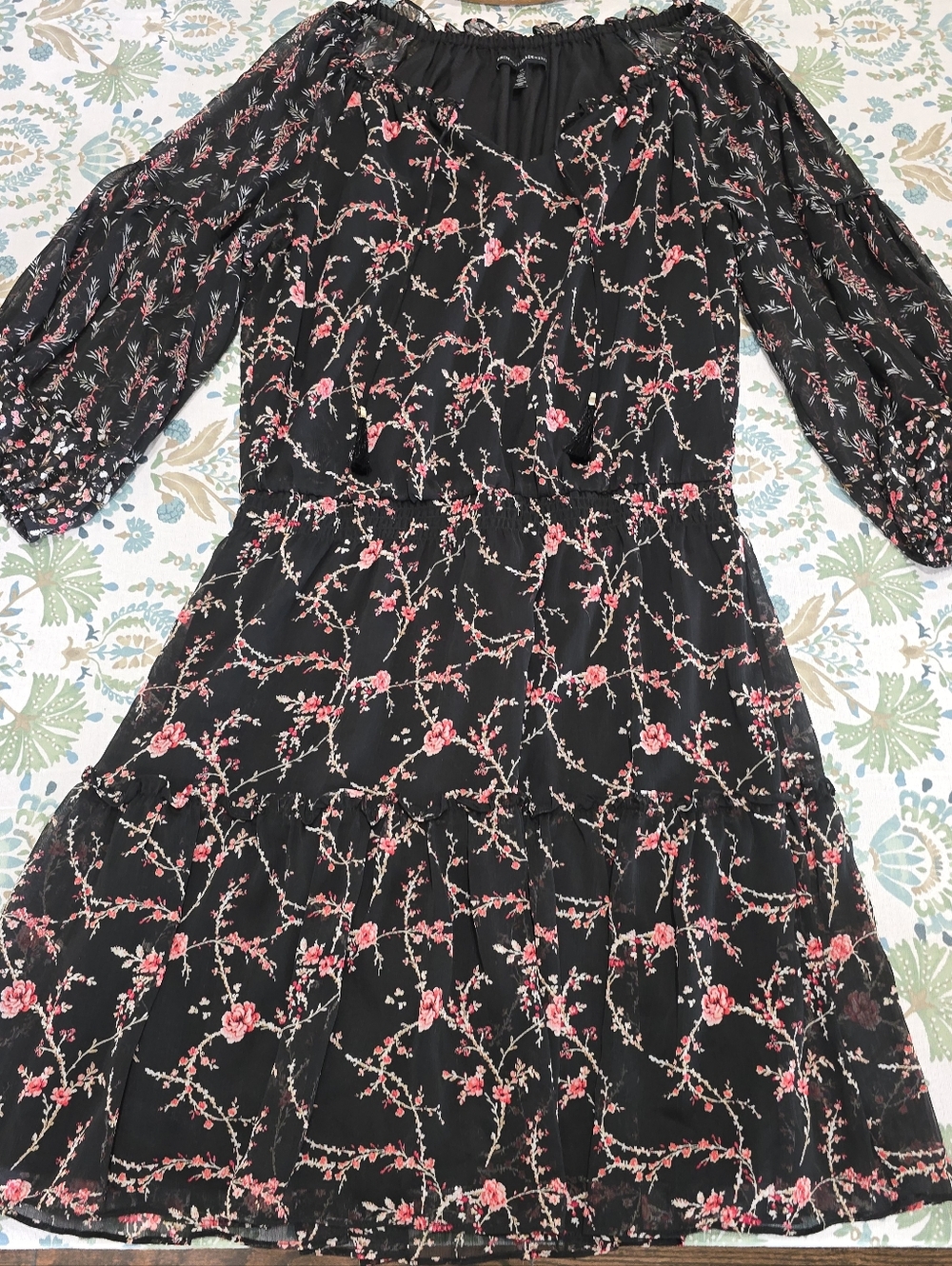 White House Black Market Floral Tiered Long Sleeve Dress Pink Blossom Print